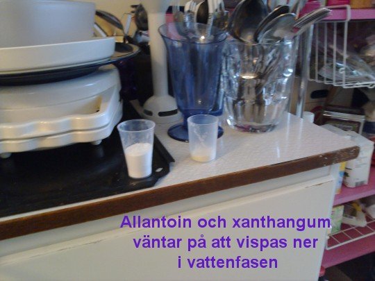 Allantoin och xanthangum väntar på att vispas ner i vattenfasen Allantoin och xanthangum väntar på att vispas ner i vattenfasen